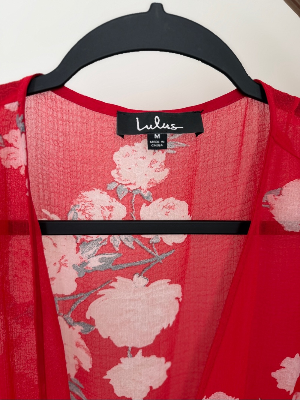 Lulu's Red Sheer Floral coverup with Tie Waist - Picture 3 of 3